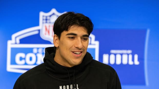 Utah Utes defensive end Jonah Elliss speaks at the NFL Combine.